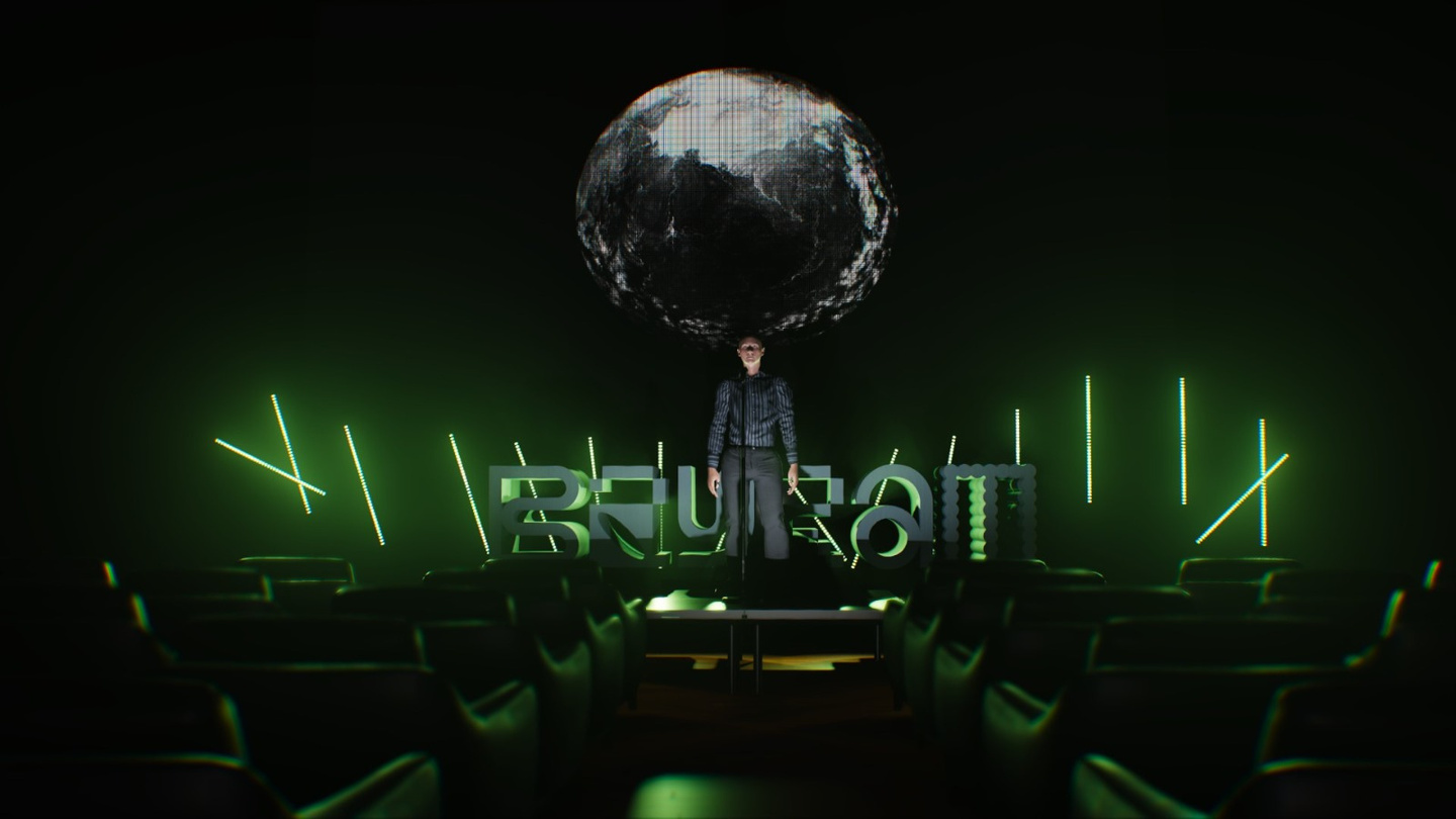 squatters × bayram installation at MAXXI, Rome — a glowing LED sphere above the stage